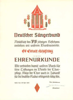 Ehrenurkunde für Gesangverein Eintracht Aschaffenburg