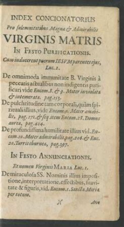 Index Concionatorius Pro solemnitatibus Magnae & Admirabilis Virginis Matris
