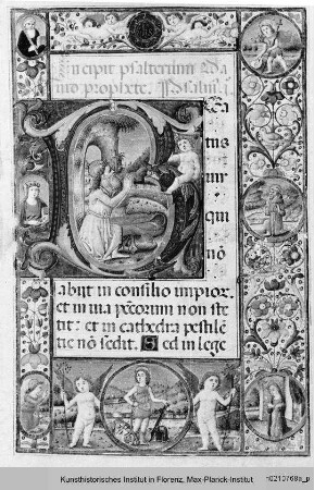 Psalter : Folio mit Randbordüre, Darstellungen der Heiligen Benedikt, Johannes der Täufer, Franziskus, Helena, der Verkündigung und Davids und Goliaths in eingeschlossenen Medaillons, Text und historisierter Initiale D mit Darstellung König Davids