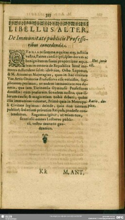 Libellus Alter, De Immunitate publicis Professoribus concedenda