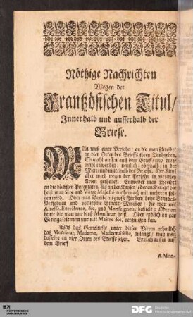 Nöthige Nachrichten Wegen der Frantzösischen Titul/ Innerhalb und ausserhalb der Briefe.