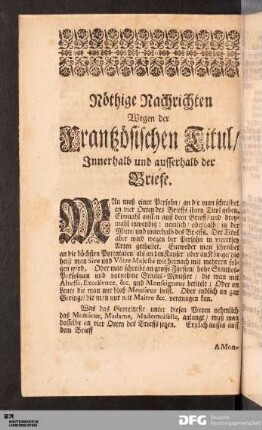Nöthige Nachrichten Wegen der Frantzösischen Titul/ Innerhalb und ausserhalb der Briefe.