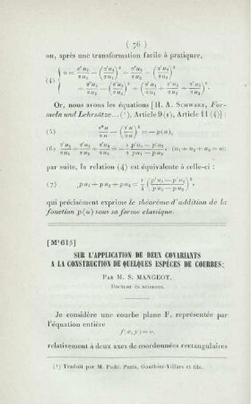 Sur l'application de deux covariants a la construction de quelques espèces de courbes.