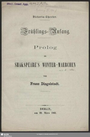 Frühlings-Anfang : Prolog zu Shakspeare's Winter-Maerchen