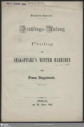 Frühlings-Anfang : Prolog zu Shakspeare's Winter-Maerchen