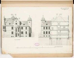 Landratsamt (Kreishaus), Zell/Mosel Monatskonkurrenz Januar 1888: Aufriss Seitenansicht(Nord), Querschnitt mit Gartenansicht (Süd) 1:100; Maßstabsleiste