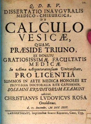 Diss. inaug. med.-chir. de calculo vesicae