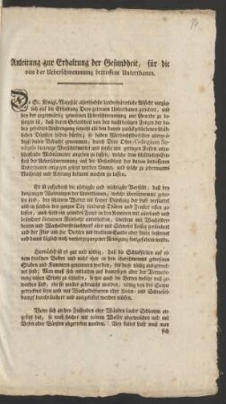 Anleitung zur Erhaltung der Gesundheit, für die von der Ueberschwemmung betroffene Unterthanen : Gegeben Berlin, den 23ten Junius 1785.