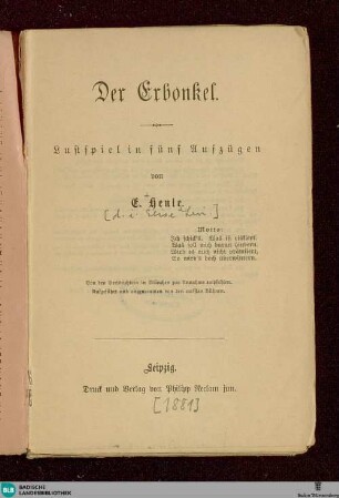 Der Erbonkel : Lustspiel in 5 Aufzügen