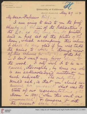 Brief von Edward Singleton Holden an Max Wolf: Brief von Edward Singleton Holden von Lick Observatory an Max Wolf