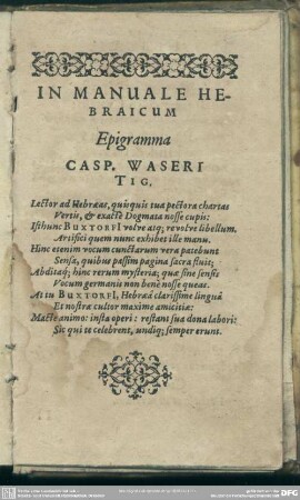 In Manuale Hebraicum Epigramma Casp. Waser Tig.