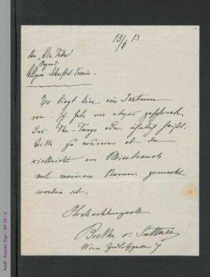 Brief von Bertha von Suttner an die Redaktion der Zeitschrift "Die Feder", hs.