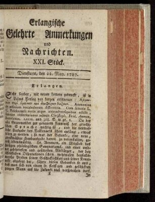 XXI. Stück. Dienstags, den 22. May. 1787.