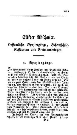 Eilfter Abschnitt. Oeffentliche Spaziergänge, Schauspiele, Ressourcen und Freimaurerlogen