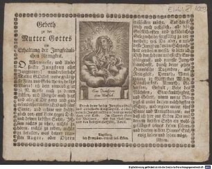 Gebeth zu der Mutter Gottes um Erhaltung der Jungfräulichen Reinigkeit