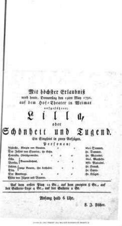 Lilla, oder Schönheit und Tugend