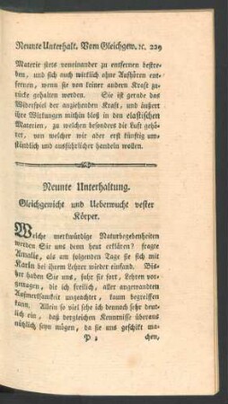 Neunte Unterhaltung. Gleichgewicht und Ueberwucht vester Koerper.