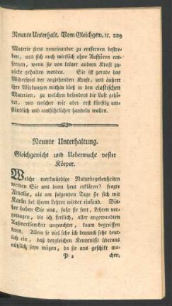 Neunte Unterhaltung. Gleichgewicht und Ueberwucht vester Koerper.