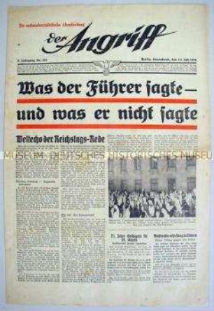 NS-Tageszeitung "Der Angriff" u.a. zur einer Reichstagsrede Hitlers