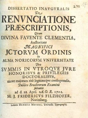 Dissertatio inauguralis de renunciatione praescriptionis