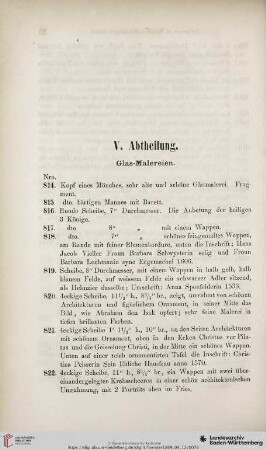 V. Abtheilung: Glas-Malereien (Nro. 814 - 846)
