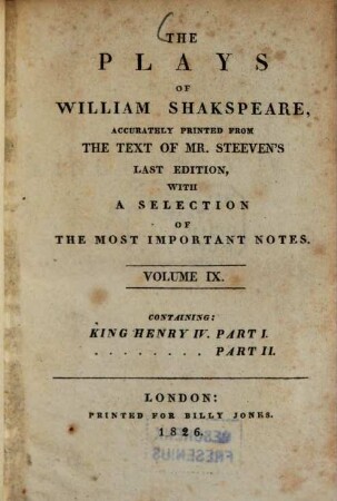 The Plays of William Shakspeare, 9. King Henry IV. P. 1 - P. 2. - 474 S.