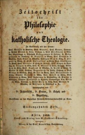 Zeitschrift für Philosophie und katholische Theologie. 17/18, 17/18. 1836
