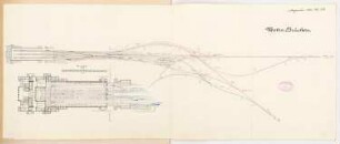 Kopfbahnhof Monatskonkurrenz Dezember 1881: Lageplan 1:2000, Grundriss Erdgeschoss, Hauptgeschoss 1:1000; 2 Maßstabsleisten