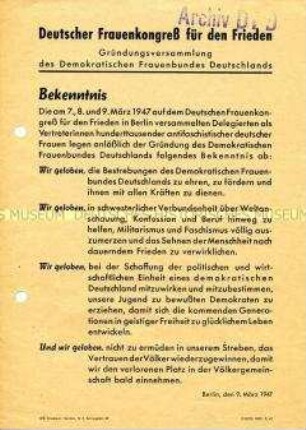 Programmatisches Dokument von der Gründungsversammlung des DFD