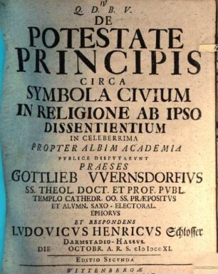 De Potestate Principis Circa Symbola Civium In Religione Ab Ipso Dissentientium