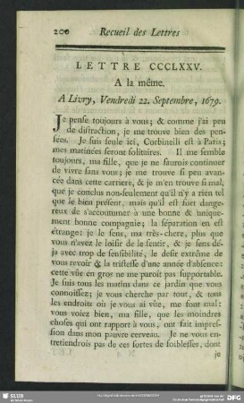 Lettre CCCLXXV. A la même. A Livry, Vendredi 22. Septembre, 1679