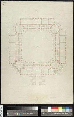 Grundriss eines quadratischen Schlossneubaus mit vorgesetzter Freitreppe (Variante) und achteckigem Hof