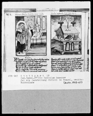Zwei Schriften — Speculum humanae salvationis — Textseite mit zwei Miniaturen, Folio 60verso