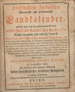 1771: Hochfürstlich fuldaischer astronomisch- und oekonomischer Landkalender
