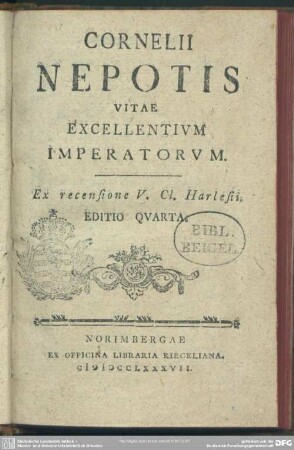Cornelii Nepotis Vitae Excellentium Imperatorum