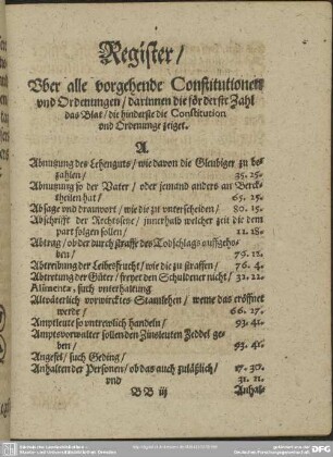 Register, Uber alle vorhergehende Constitutionen und Ordenungen