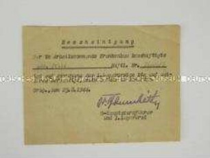 Bescheinigung für einen Häftling des KZ Sachsenhausen über den Behalt seiner Schuhe