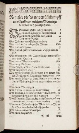 Register dieses newen Schimpff und Ernsts/ an welchen Blat ein jede Histori und Fabul zu finden.