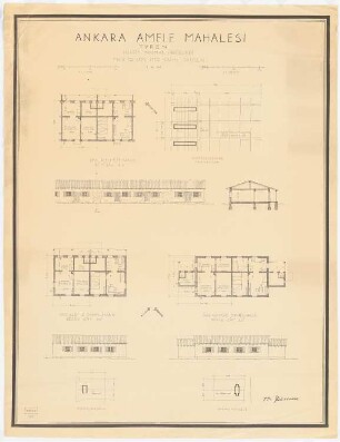 Gesamtbebauungsplan Ankara Arbeitersiedlung: (Lichtpause von Inv.Nr. 23094), Lageplan 1:1000, Grundrisse, Schnitte und Ansichten 1:100, Typen Reihenhäuser, Amele Mahalesi (Arbeitersiedlung)