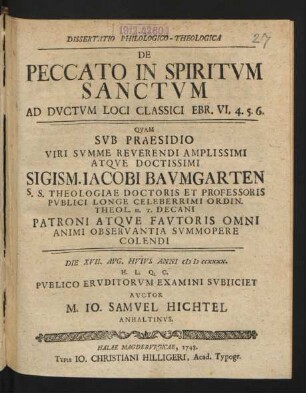 Dissertatio Philosophico-Theologica De Peccato In Spiritum Sanctum Ad Ductum Loci Classici Ebr. VI, 4.5.6.
