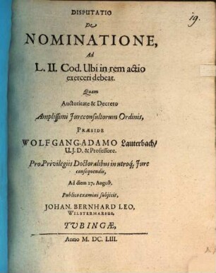 Disputatio De Nominatione : Ad L.II. Cod. Ubi in rem actio exerceri debeat