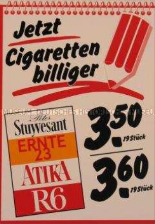 Werbeaufkleber für "R6, Peter Stuyvesant, Atika, Ernte 23"-Zigaretten