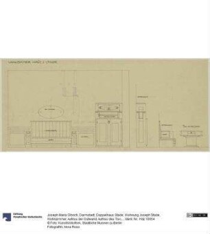 Darmstadt, Doppelhaus Stade, Wohnung Joseph Stade, Wohnzimmer, Aufriss der Ostwand, Aufriss des Tisches sowie Seitenansichten von Sofa und Schrank