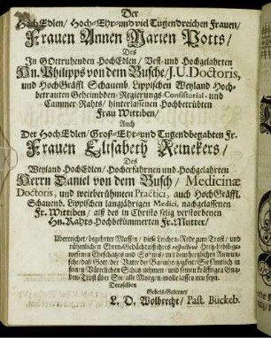 Der Hoch Edlen [...] Frauen Annen Marien Potts Auch [...] Frauen Elisabeth Reinekers [...]