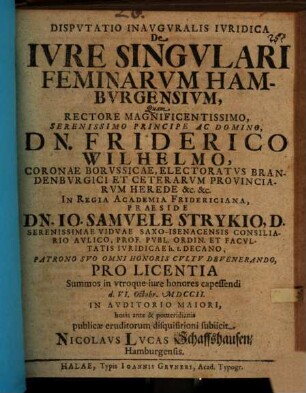 Dispvtatio Inavgvralis Ivridica De Ivre Singvlari Feminarvm Hambvrgensivm