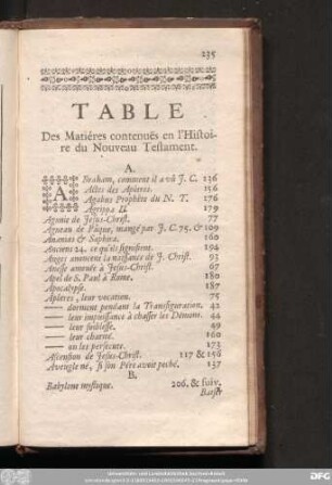 Table Des Matiéres contenuës en l'Histoire du Nouveau Testament.