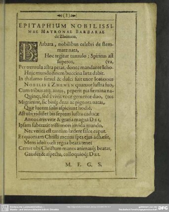 Epitaphium Nobilissimae Matronae Barbarae de Zhemen