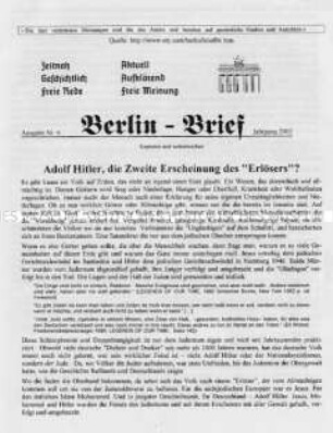 Neonazistisch-antisemitische Flugschrift "Berlin-Brief" mit einem anonymen Beitrag zur religiösen Verklärung der Person Hitlers
