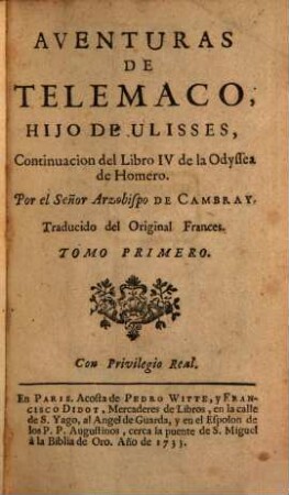 Aventuras De Telemaco, Hijo De Ulisses : Continuacion del Libro IV de la Odyssea de Homero, 1