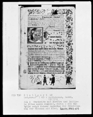 Antiphonarium (Benediktinerhandschrift) — Textseite mit Bordüre und historisierter Initiale, Folio 2recto